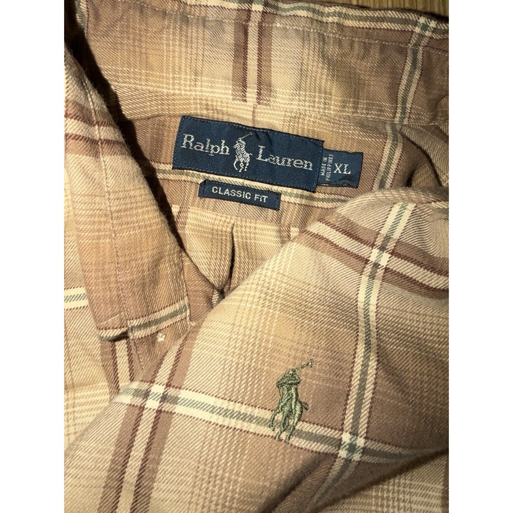 VTG 90s Polo by Ralph Lauren XL Plaid Flannel Shirt Tan Brown Two Pocket Soft